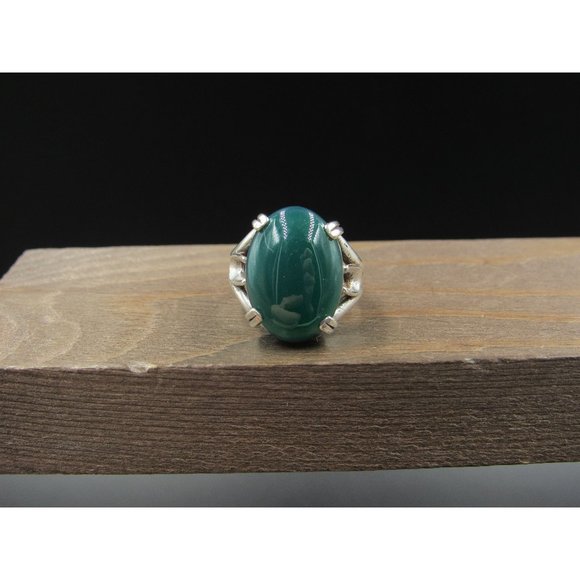 Size 6.5 Sterling Silver Dark Green Faux Stone Band Ring Vintage Statement - Picture 1 of 8